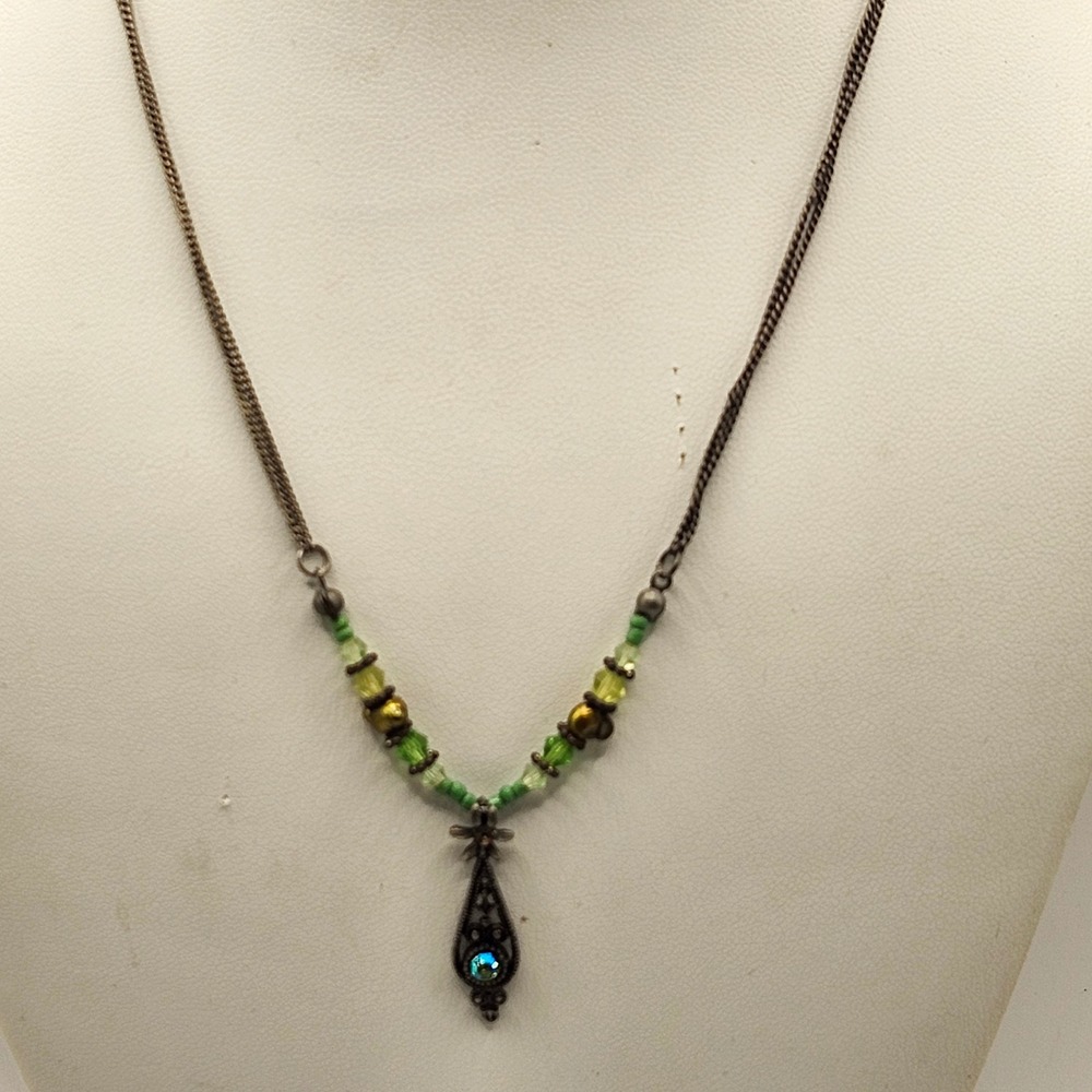 You & I Green Beaded Filigree Pendant Necklace Silver‎ Tone Vintage Style